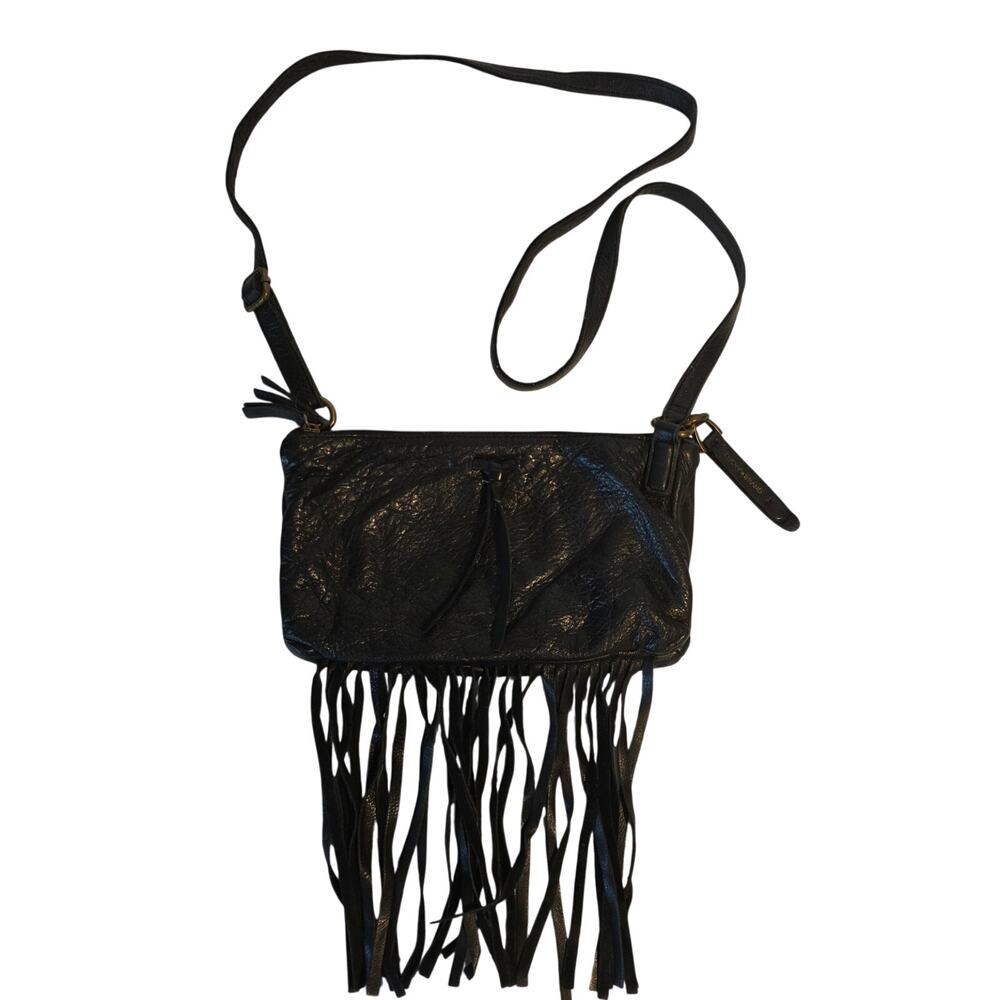 Lucky Brand Erma Leather Fringe‎ Crossbody Bag Black Boho Double Zip